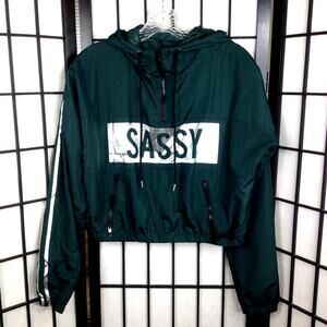 Rue 21 SASSY Cropped Windbreaker Hoodie Jacket  Green Silver Small